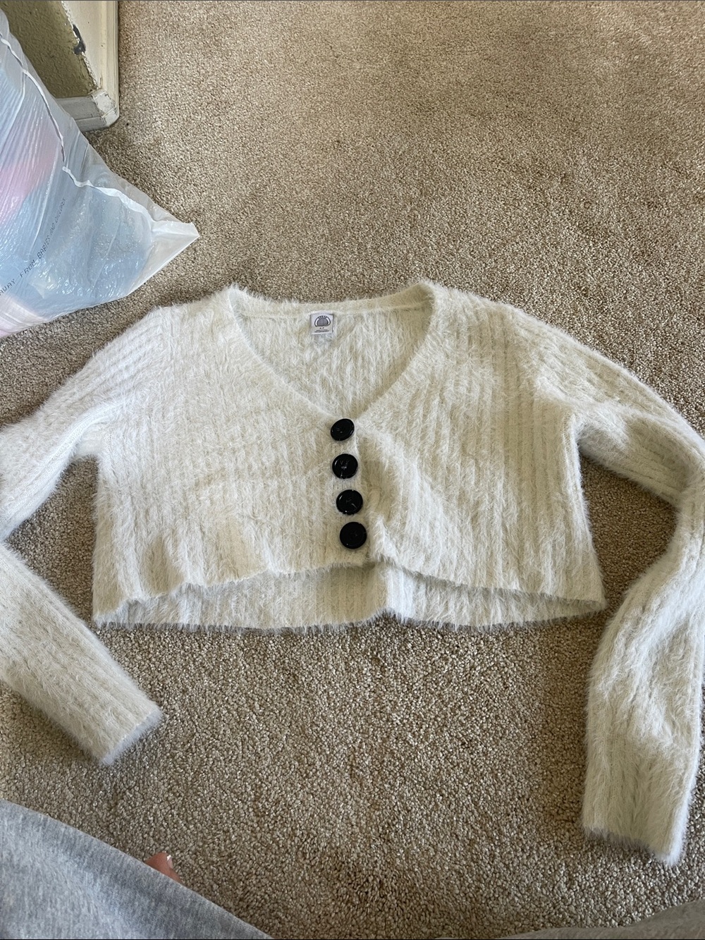 Urban Outfitters White Fuzzy Cropped Cardigan with Black Buttons
